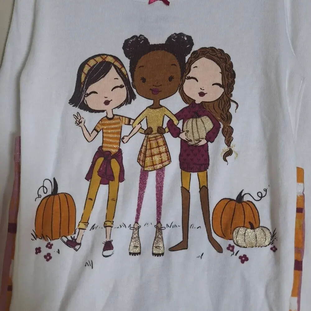 Cynthia Rowley Girls 4T White Multi Pumpkin Plaid Long Sleeve Fall Pajama Set
